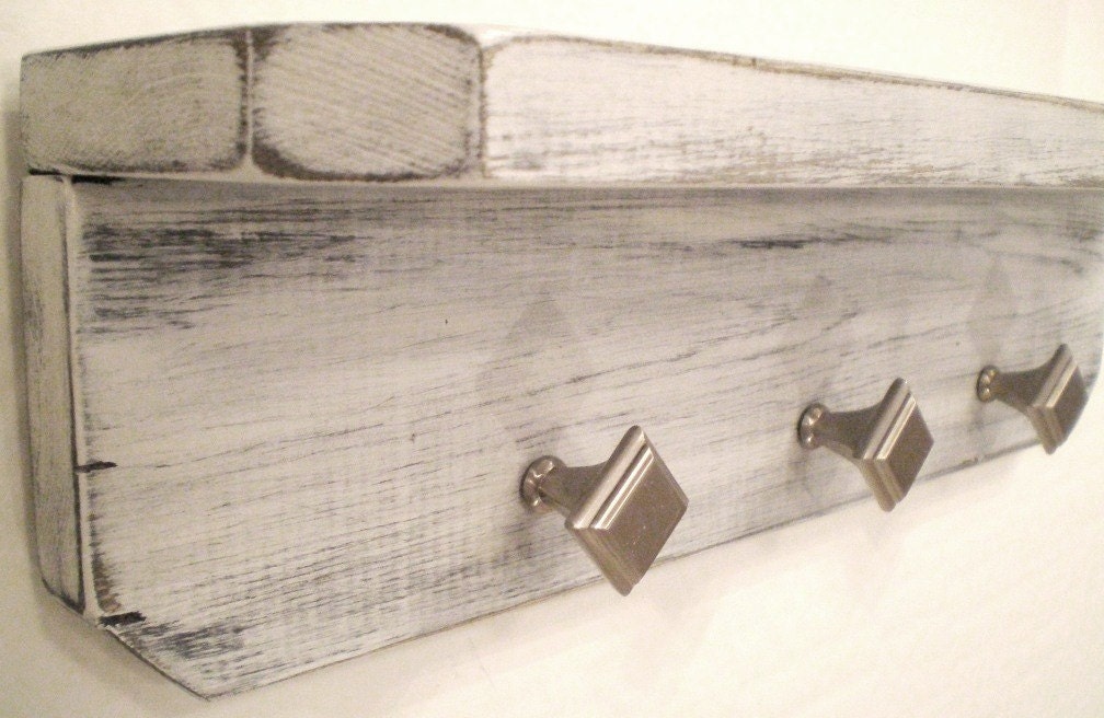 CLEARANCE KNOB Sale Primitive Rustic Shabby Chic, Handmade Wood Shelf with 3 Silver Knobs-Pale Silver