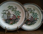 Vintage English Chinese Style Ceramic Plates, Set of 2 with Handles