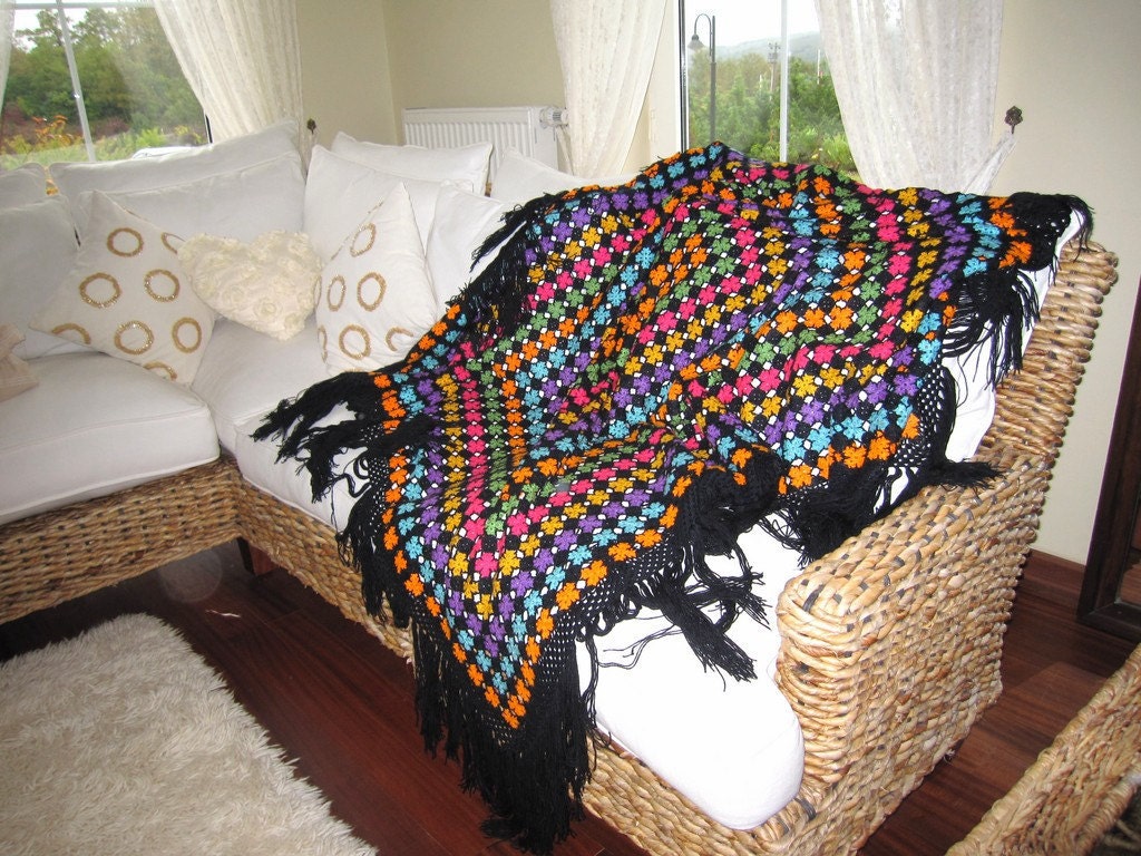 Shawl Granny crochet Afghan throw style blanket-couch,sofa,daybed cover flamboyant daisy petal flower mosaic fringe hippie gypsy boho