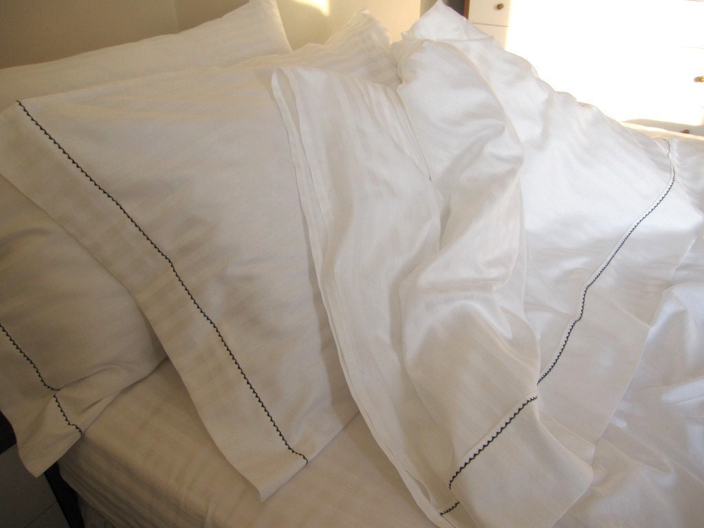 White bed queen sheet sets one fitted one flat loose sheet 2 pillow cases-comforter cover-cotton jacquard stripe made to order size