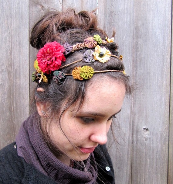 Floral Headband - Bohemian Folk, Flowers & Circles Head Wreath, Crown