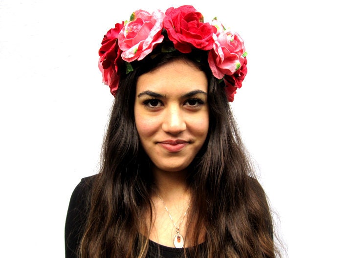 Rose Flower Crown - Raspberry Pink and Red, Velvet Rose Flower Crown. Spring Accessory, Frida Kahlo, Lana Del Ray, High Fashion