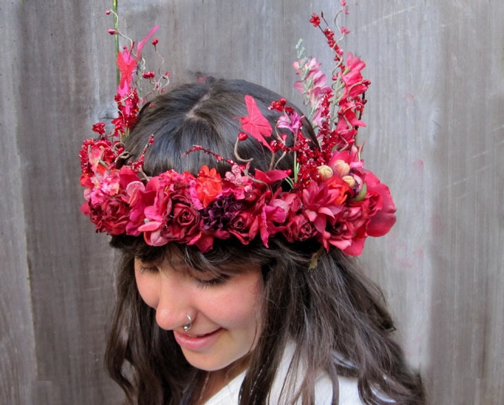 Fairy Crown - Red Rose Butterfly Flower Headress, Midsummer Night's Dream Floral Crown