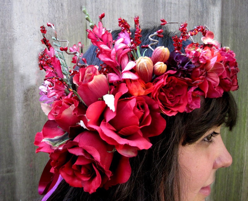 Fairy Crown - Red Rose Butterfly Flower Headress, Midsummer Night's Dream Floral Crown
