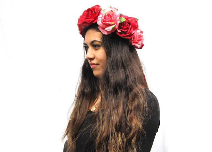 Rose Flower Crown - Raspberry Pink and Red, Velvet Rose Flower Crown. Spring Accessory, Frida Kahlo, Lana Del Ray, High Fashion