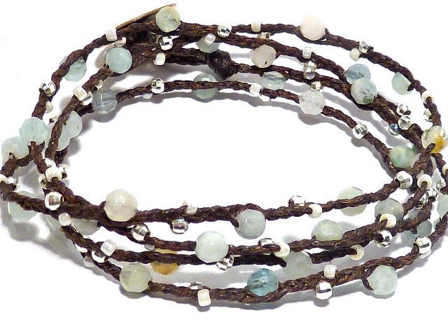 Irish Waxed Linen, Faceted Aquamarine Gemstone, Sterling Silver Wrap Bracelet, Waxed Irish Linen Beaded Bracelet- Jewelry by Leandra