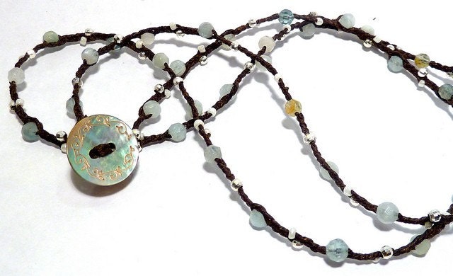 Irish Waxed Linen, Faceted Aquamarine Gemstone, Sterling Silver Wrap Bracelet, Waxed Irish Linen Beaded Bracelet- Jewelry by Leandra