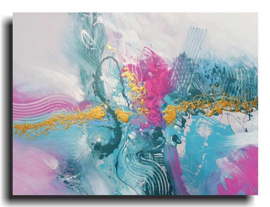 Huge Abstract Turquoise Pink Gold Aqua Modern Fine Art Pastel Original Painting 30 x 40 Skye Taylor Artist