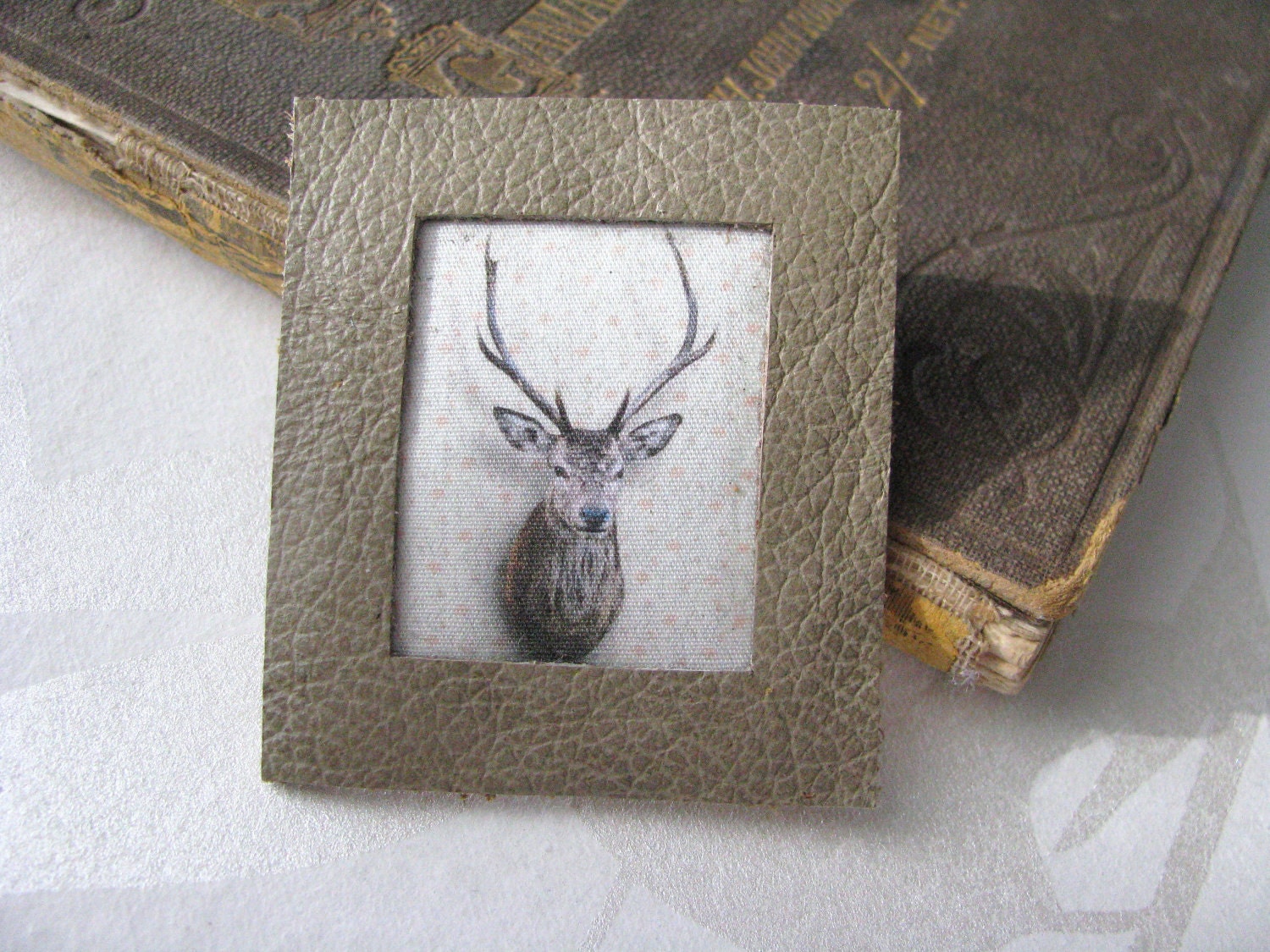 antler deer trophy in taupe grey leather brooch - animal brooch - free shipping