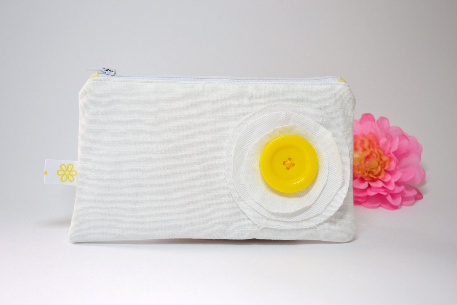 white and yellow zipper pouch - cotton - mothers day gift - free shipping