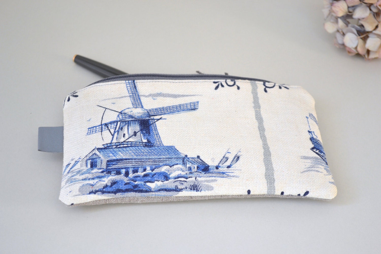 blue dutch mill zipper pouch - pencil case