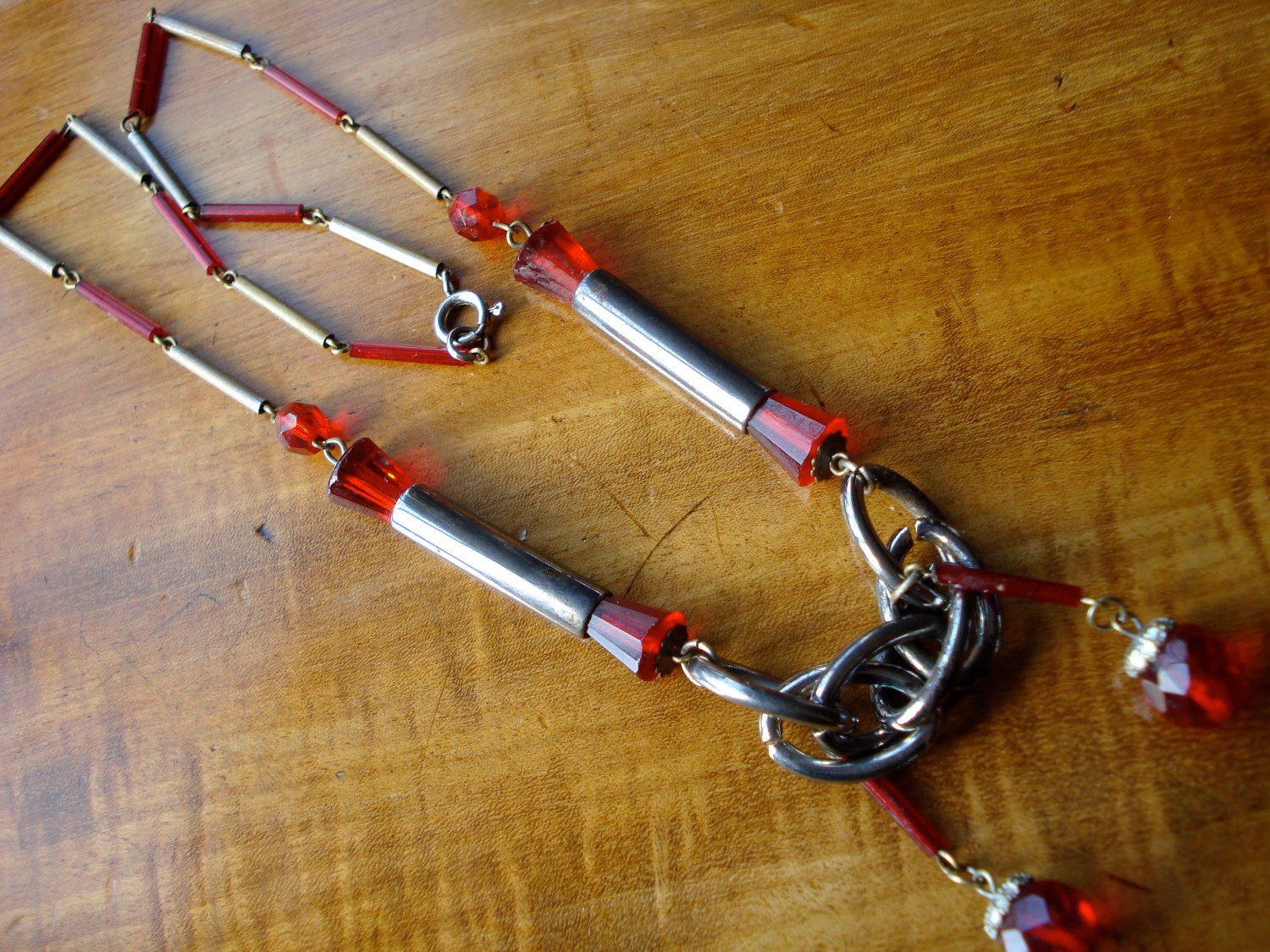 Art Deco Necklace Chrome and Red Beads 1920's 1930's