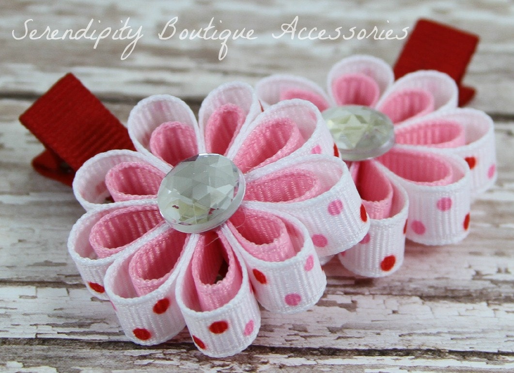Red and Pink Polka Dots Extra Small Mini Ribbon FLower Girls Hair Bows-Great for Pig Tails