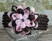 Pink and Brown Polka Dots Loopy Flower Bows with Satin Flower Center