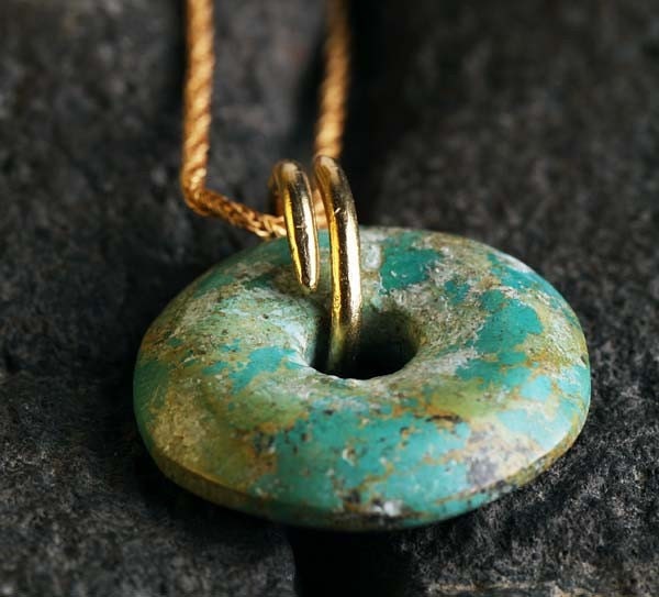 Turquoise Necklace, gold fill chain, long necklace, turquoise pendant, December birthstone, circular pendant,  vintage look