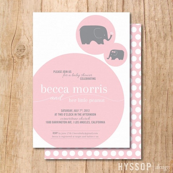 Printable/DIY - "Sweet Little Peanut" Pink and Gray Elephant Baby Shower Invitation