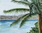 Original Beach Palm Tree Painting, Holiday Discount Sale, Row Boat, Watercolor Art, Barbara Rosenzweig, Etsy