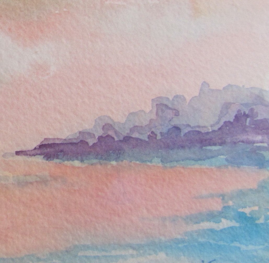 Sale Original Pink Sunset, Barbara Rosenzweig, Etsy, Watercolor Landscape Painting Art, Misty Surreal Fantasy