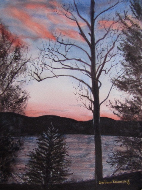 Sunset Lake, Barbara Rosenzweig, Art Print, Etsy, Reproduction of Original Watercolor Painting