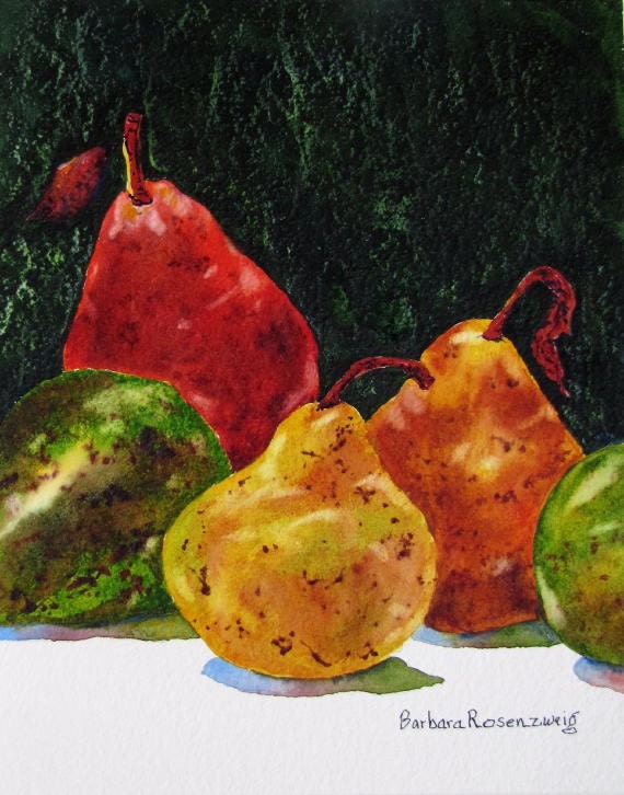 Pears Painting, Barbara Rosenzweig, Art Print, Etsy, Fruit Still Life Reproduction of Original Watercolor Painting 11x14
