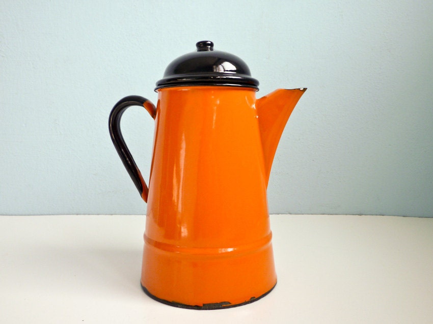 Vintage enamel orange teapot coffee kettle