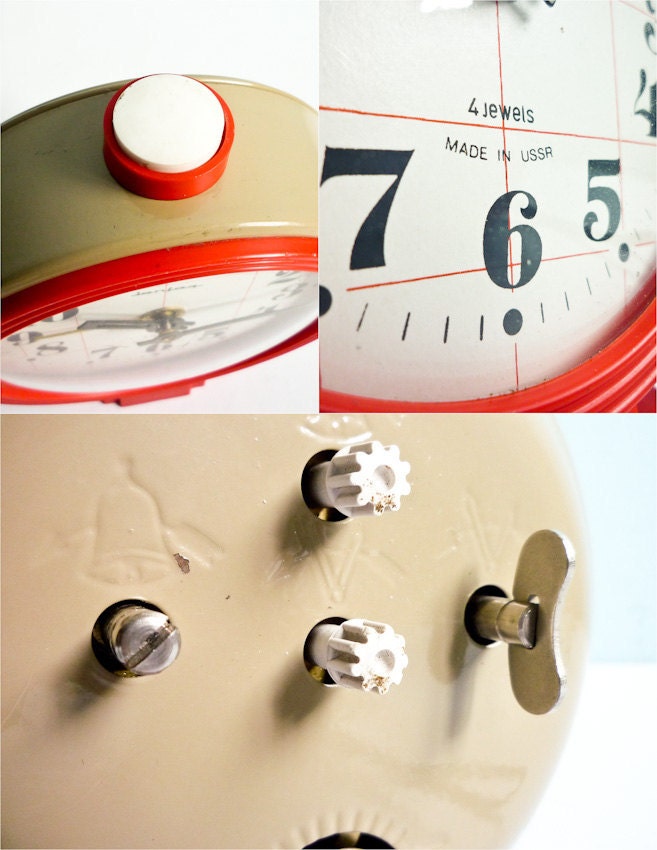 Vintage Big Mechanical Alarm Clock Red Beige White Russian Wind Up 70s