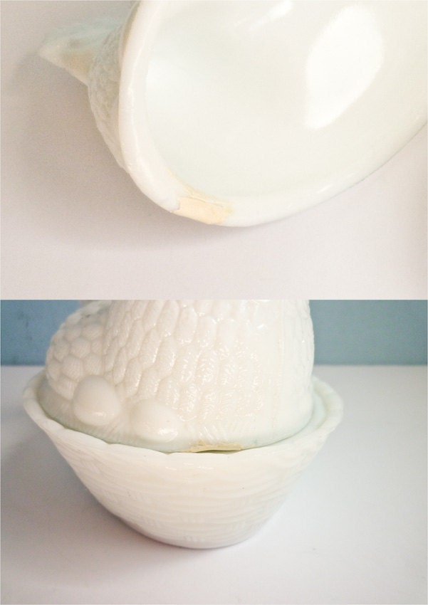 Vintage Milk Glass Chicken Hen on Nest Bowl Basket