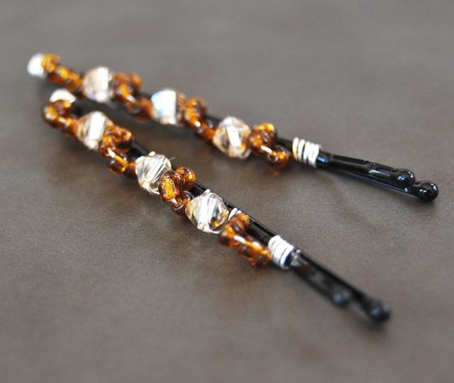 Bobby Pins  Cognac  wire wrapped with seed beads and swarovski cyrstals hair accessory Fashion LoveandCherish
