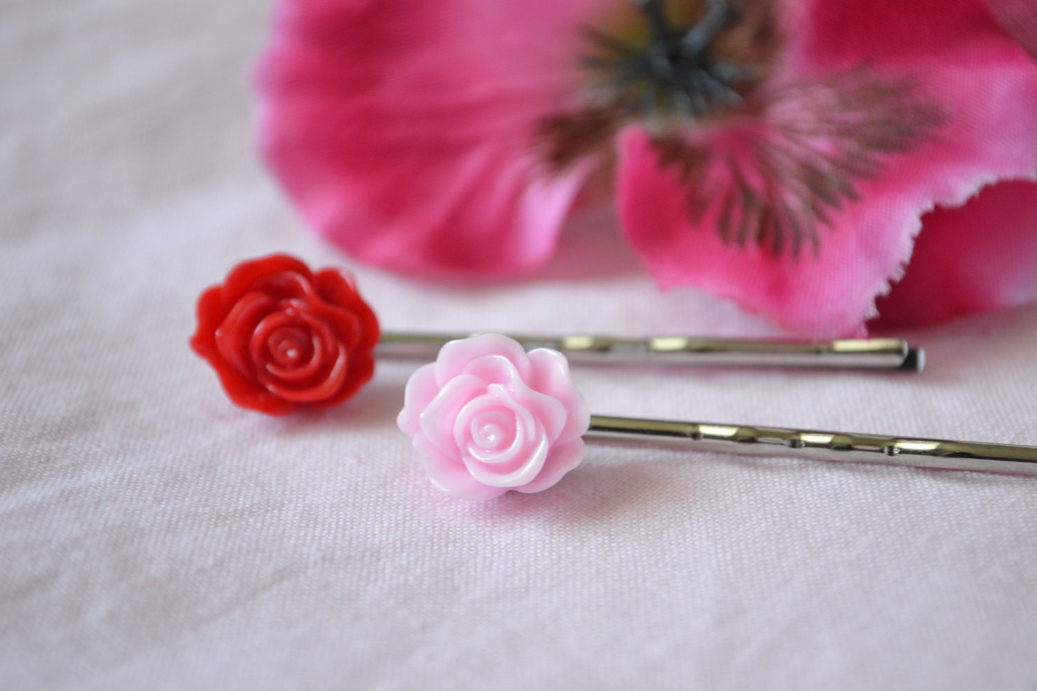 Pink and Red Rose Cabochon Bobby Pin Set