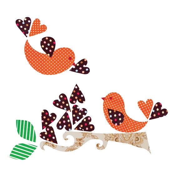 Lovebird decals - orange, black - reusable, repositionable, interactive fabric bird decal set