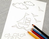 Printable colouring page - Nautical 3 sailboat, fish - downloadable PDF