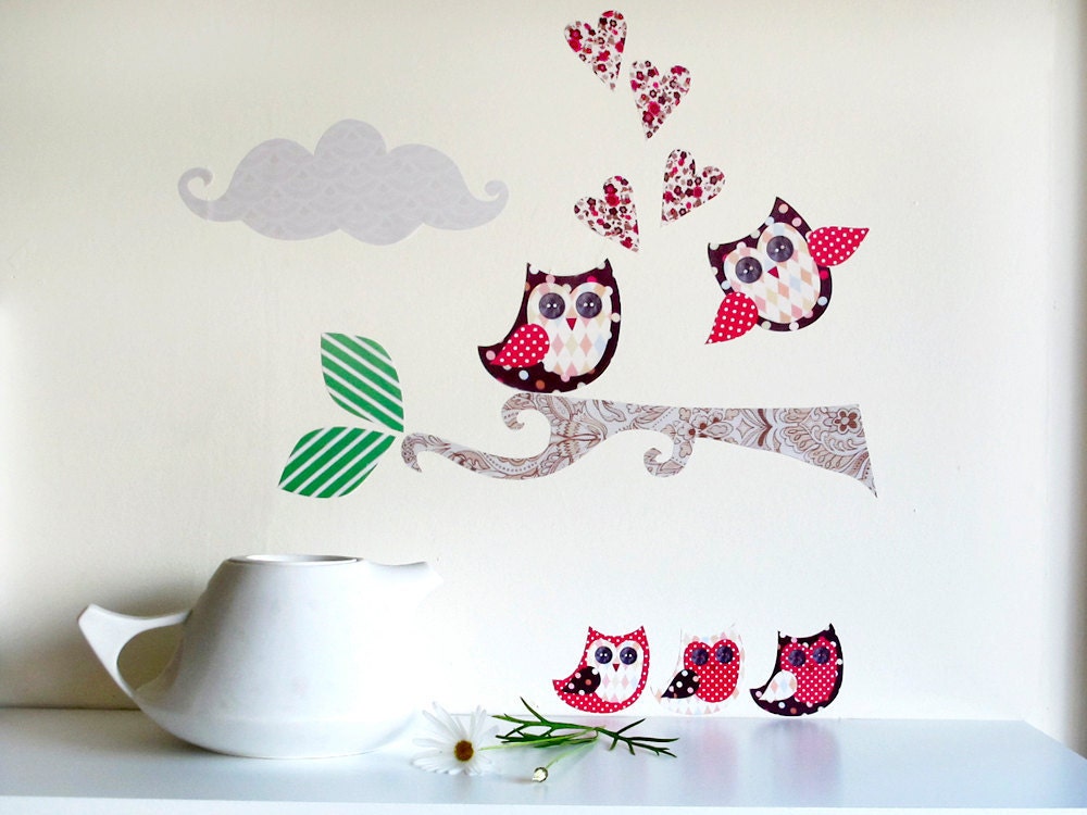 Owl family decals - reusable, restickable fabric wall stickers - red, black, spots