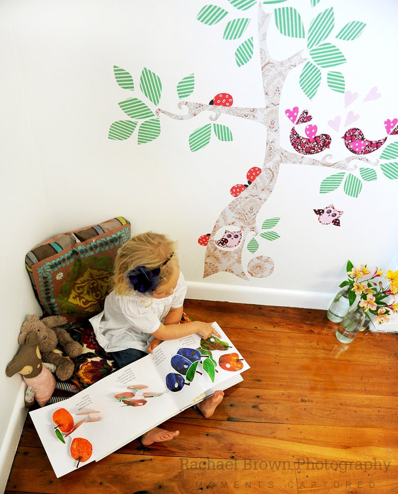 Tree Community decals - restickable, reuseable fabric wall art - lovebirds, owls, ladybugs, leaves, clouds