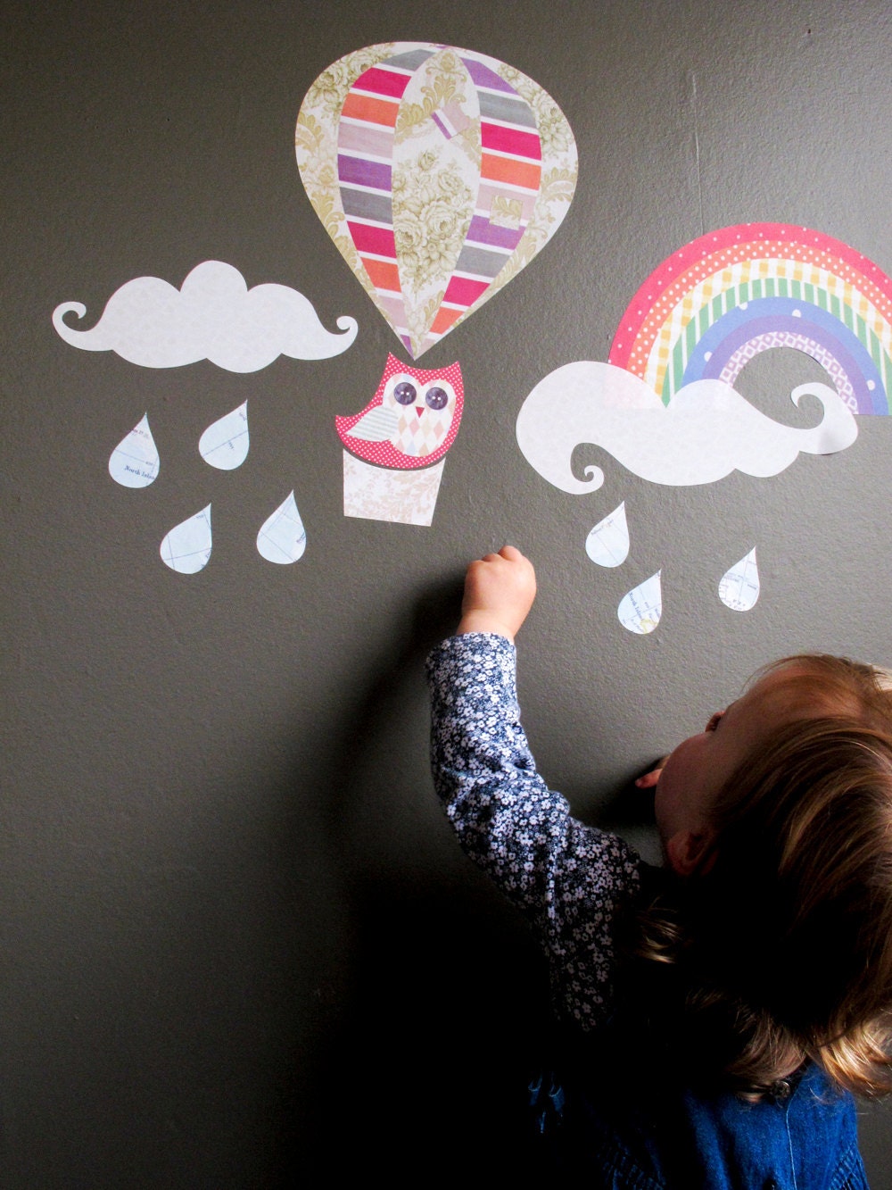 Up, Up & Away decals - reuseable fabric wall stickers, hot air balloon, owl, rainclouds