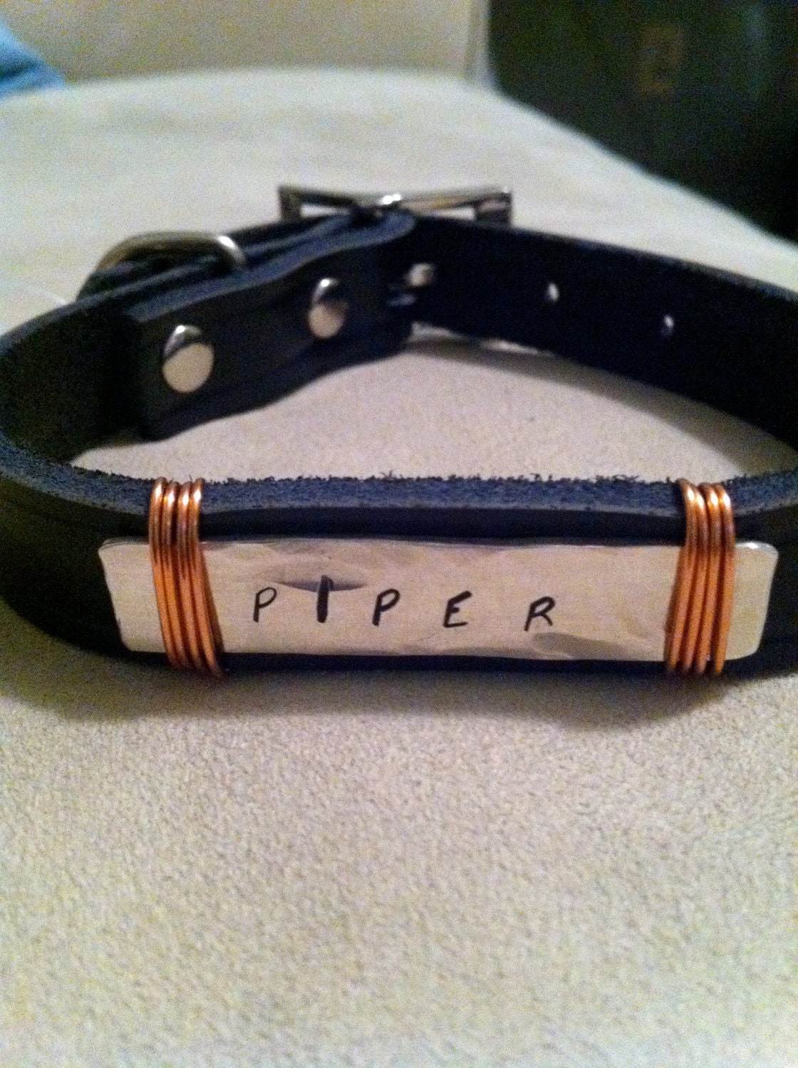Silver Personalized Cat or Small Dog Pet Collar.  Custom.  Leather. Stamped. Recycled Metal.