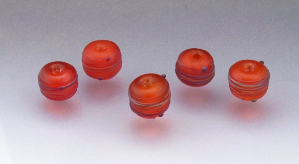 Lampwork glass bead set matte MADE to ORDER etched Orange Rainbow Cocoon Anne Londez SRA