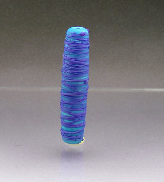 Focal lampwork bead frosted glasslong aqua blue  Anne Londez SRA OOAK