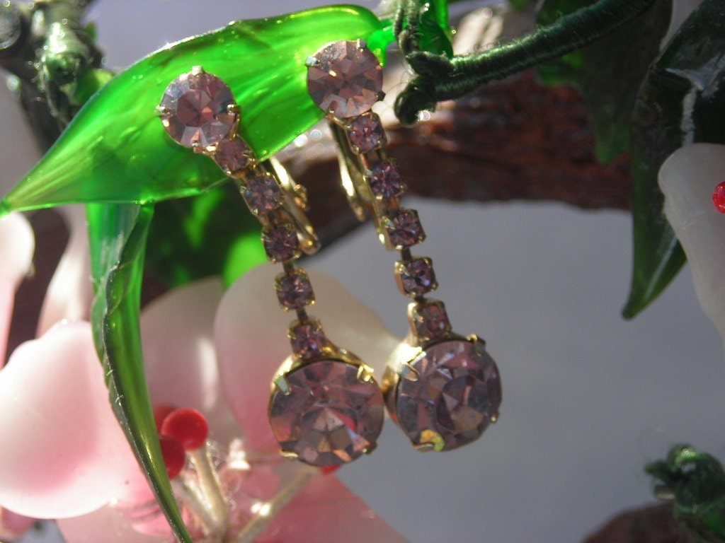 Vintage Rhinestone Earrings- 1950s Lilac