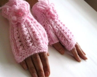 PINK DREAM...Romantic Fingerless Gloves, Wool Mittens, Arm Warmers with  crochet flowers, Hand Knitted, Eco Friendly