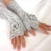 LIGHT  GRAY Tweed LONG...Fingerless Gloves, Wool Mittens, Arm Warmers with cable pattern and crochet flowers, Hand Knitted