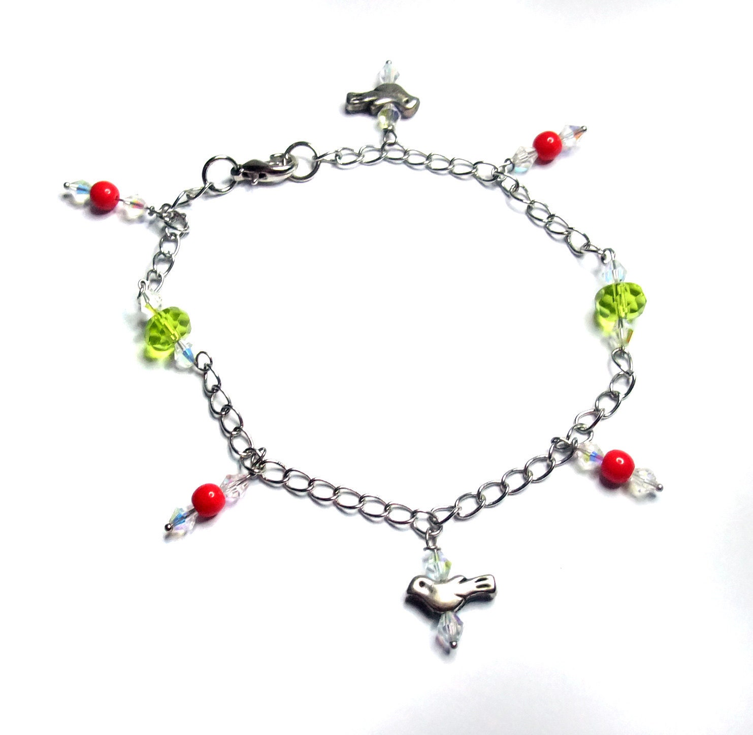 Metal charm anklet red and green- silver plated