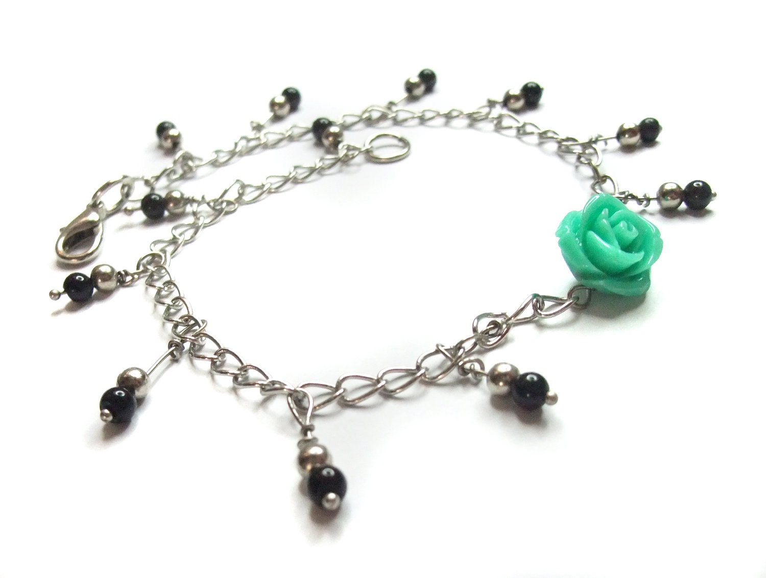 Green rose anklet metal - silver plated