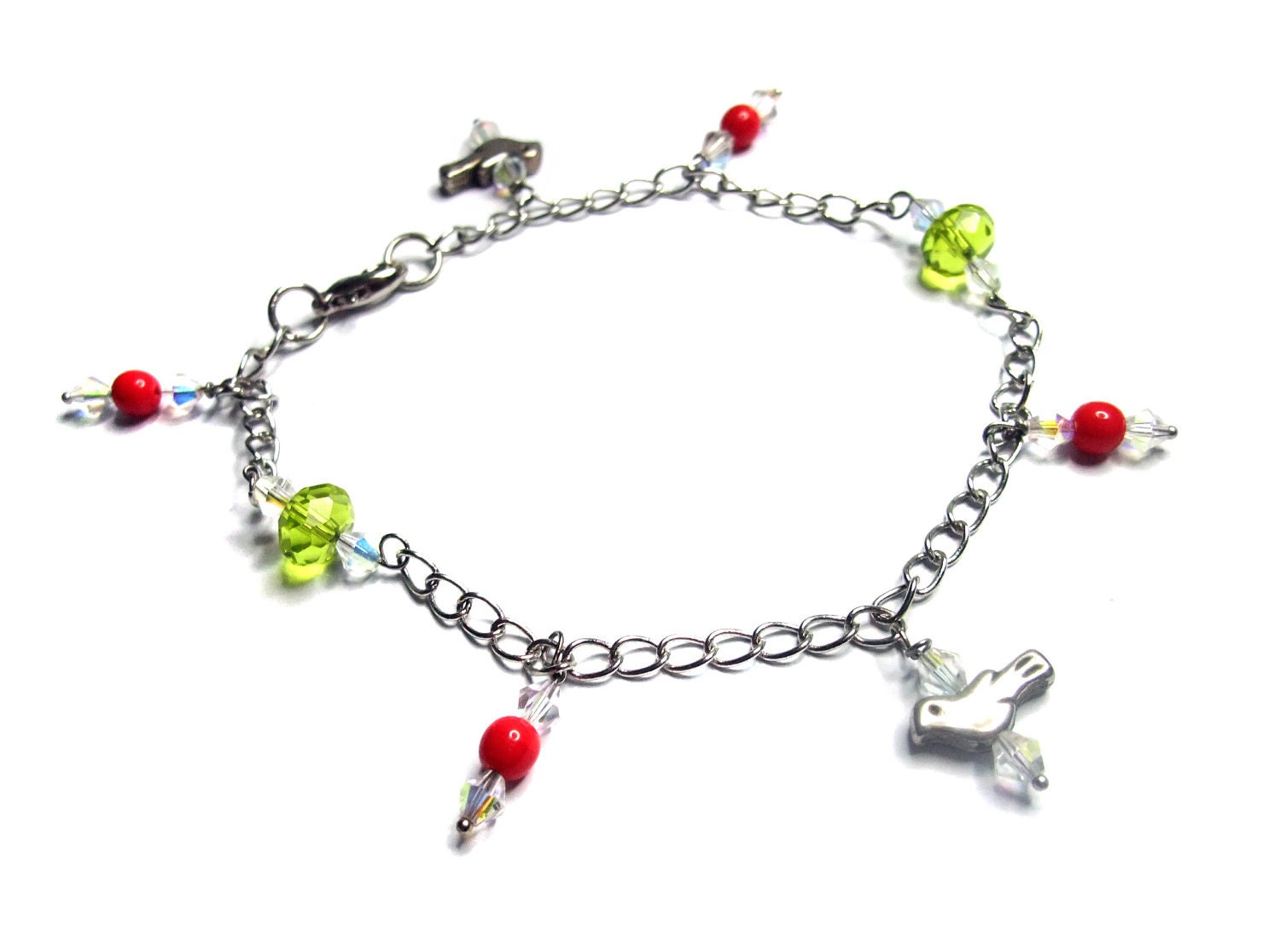 Metal charm anklet red and green- silver plated