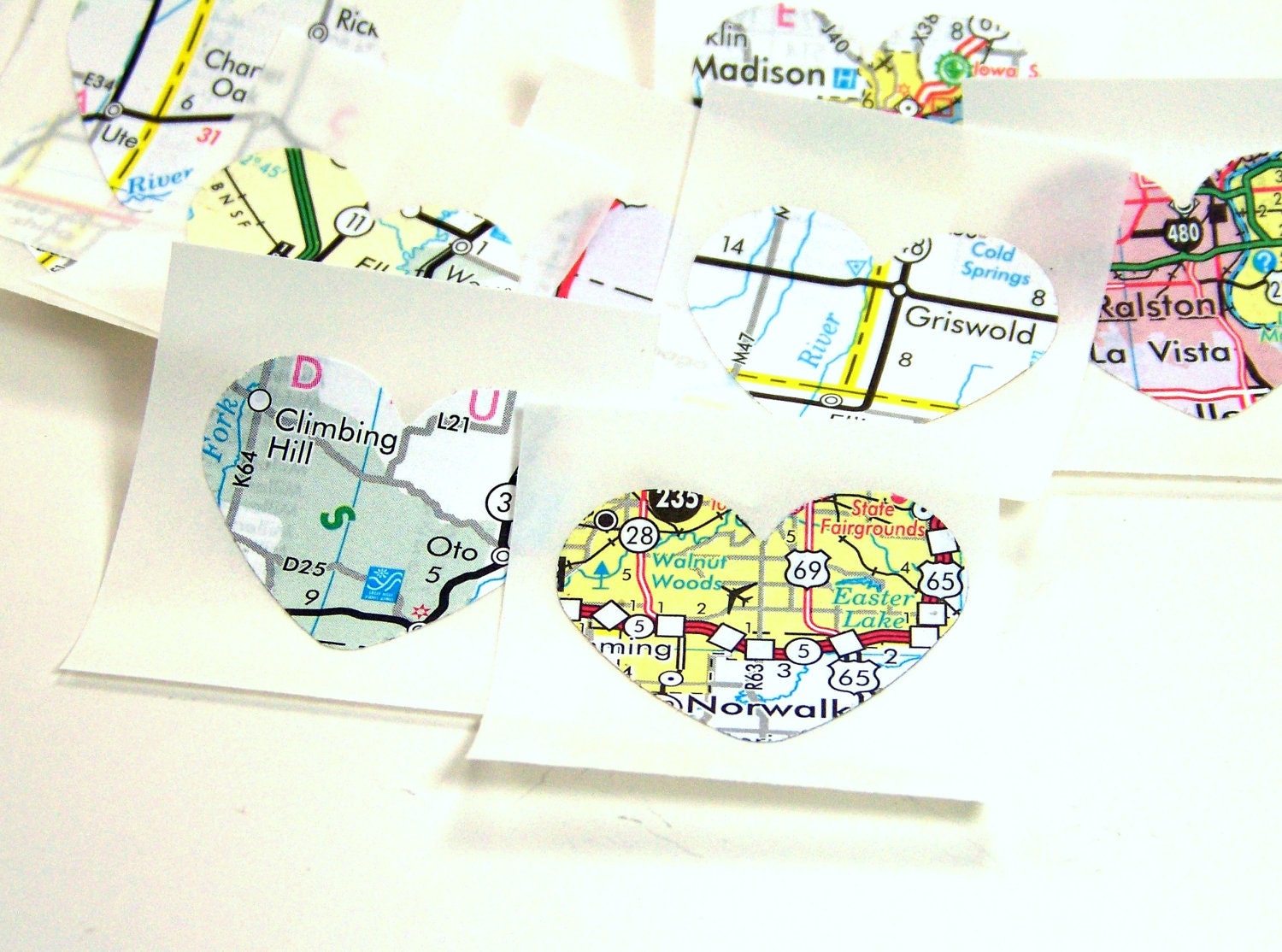 Heart stickers, Recycled Maps, Upcycled Map Sticker, Eco friendly wedding invitation seals - NobleEarth