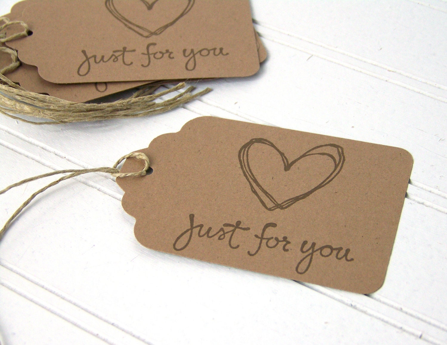 Gift Tags, Rustic Gift Labels, "Just For You" love tag, Brown Recycled Paper, set of 6