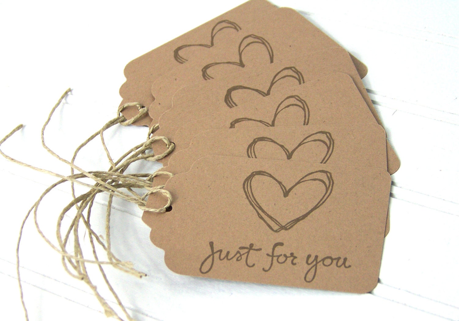 Gift Tags, Rustic Gift Labels, "Just For You" love tag, Brown Recycled Paper, set of 6