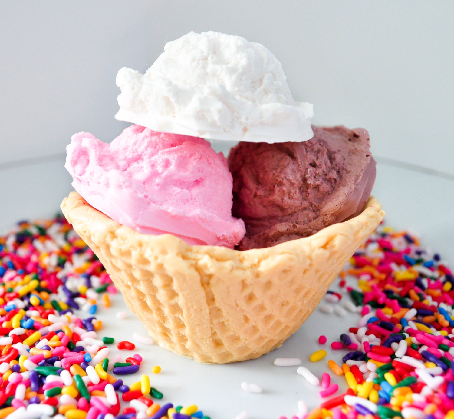 Ice Cream Soap Waffle Bowl Sundae - Neapolitan Ice Cream - Strawberry, Vanilla and Chocolate - Cute Soap Vegan Soap