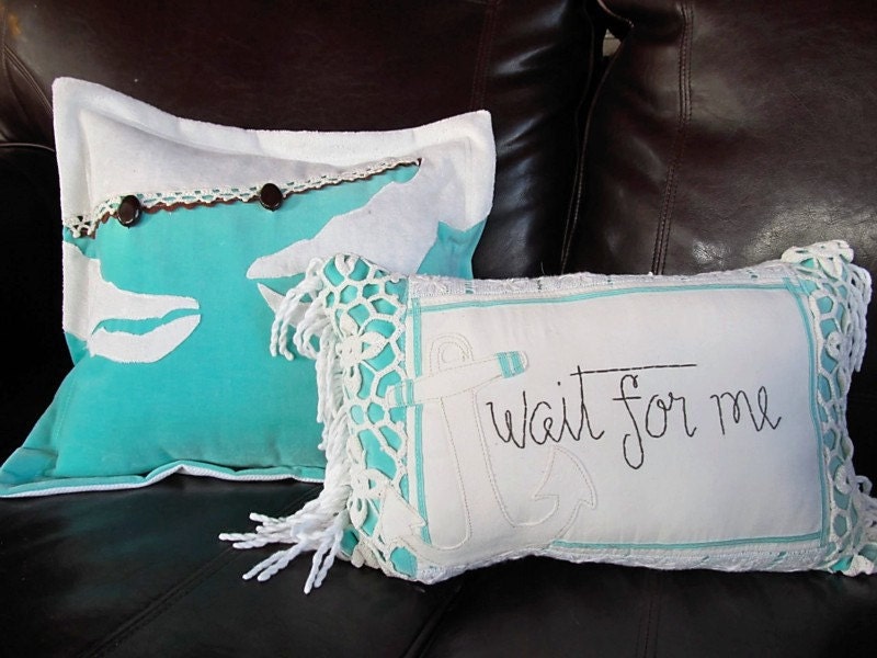 Turquoise "Wait for Me" Nautical Vintage Pillow by searchnrescue