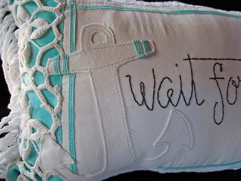 Turquoise "Wait for Me" Nautical Vintage Pillow by searchnrescue