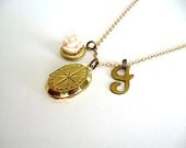 Initials Letter Vintage Brass Locket Charm Necklace - Flower Locket and Letter J
